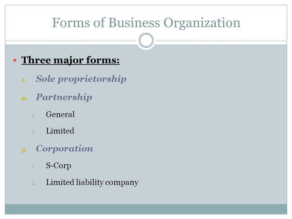 Forms of Business Organization Three major forms: 1.