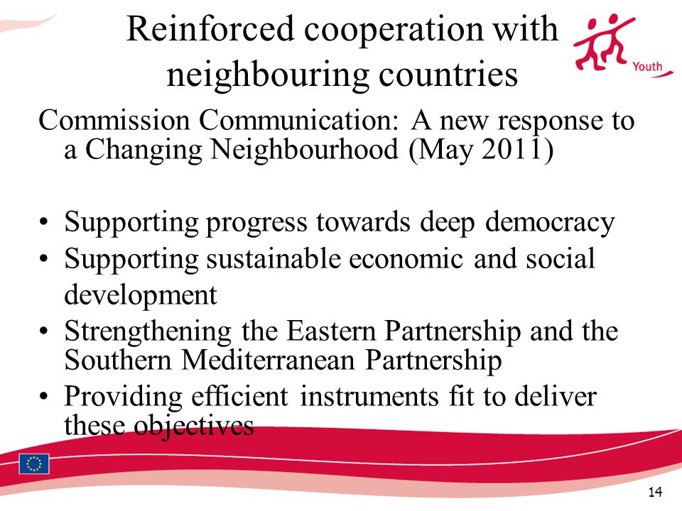 14 Reinforced cooperation with neighbouring countries Commission Communication: A new response to a Changing Neighbourhood (May 2011) Supporting progress towards deep democracy Supporting sustainable economic and social development Strengthening the Eastern Partnership and the Southern Mediterranean Partnership Providing efficient instruments fit to deliver these objectives