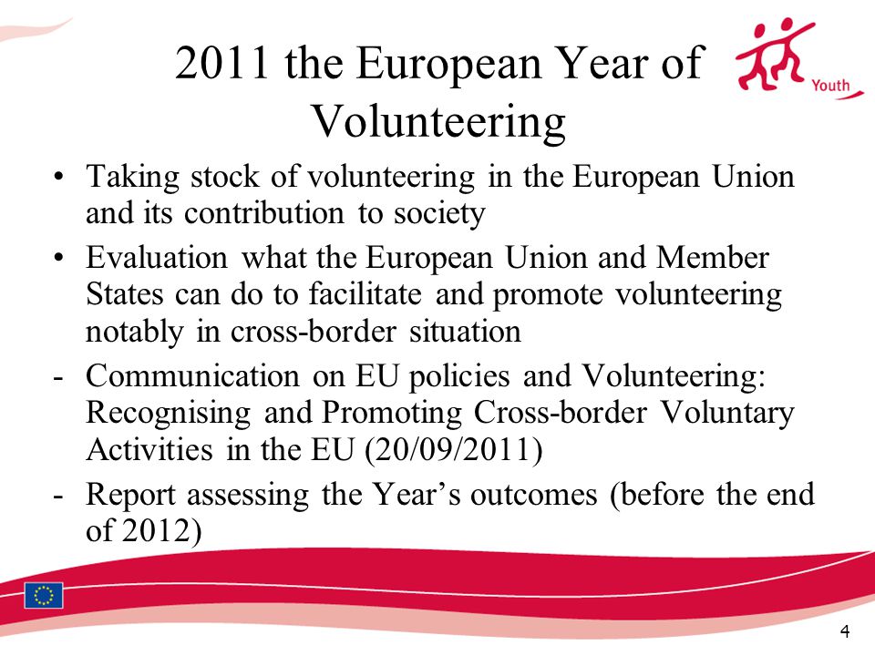 the European Year of Volunteering Taking stock of volunteering in the European Union and its contribution to society Evaluation what the European Union and Member States can do to facilitate and promote volunteering notably in cross-border situation -Communication on EU policies and Volunteering: Recognising and Promoting Cross-border Voluntary Activities in the EU (20/09/2011) -Report assessing the Year’s outcomes (before the end of 2012)