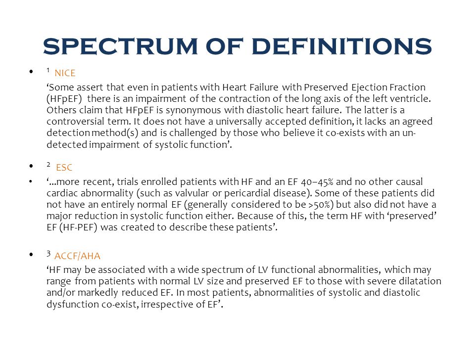spectrum of definitions 1 NICE ‘Some assert that even in patients with Heart Failure with Preserved Ejection Fraction (HFpEF) there is an impairment of the contraction of the long axis of the left ventricle.