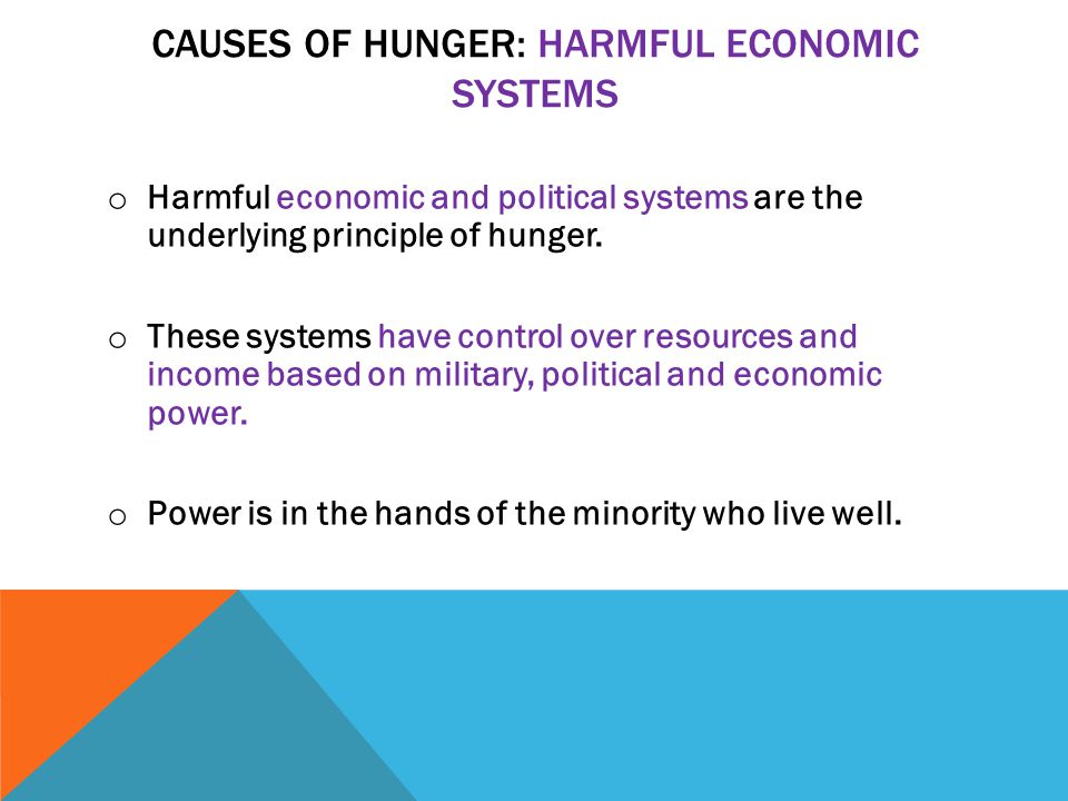 CAUSES OF HUNGER: HARMFUL ECONOMIC SYSTEMS o Harmful economic and political systems are the underlying principle of hunger.