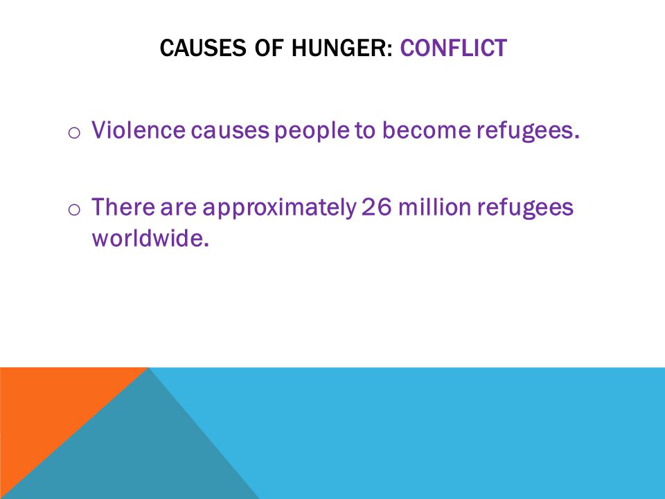 CAUSES OF HUNGER: CONFLICT o Violence causes people to become refugees.