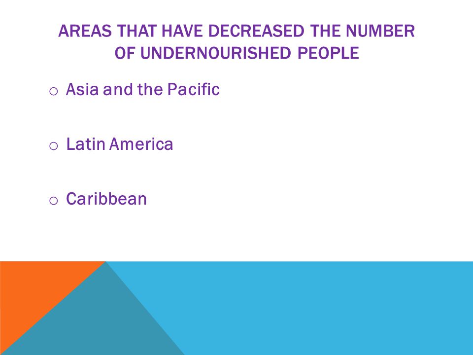 AREAS THAT HAVE DECREASED THE NUMBER OF UNDERNOURISHED PEOPLE o Asia and the Pacific o Latin America o Caribbean