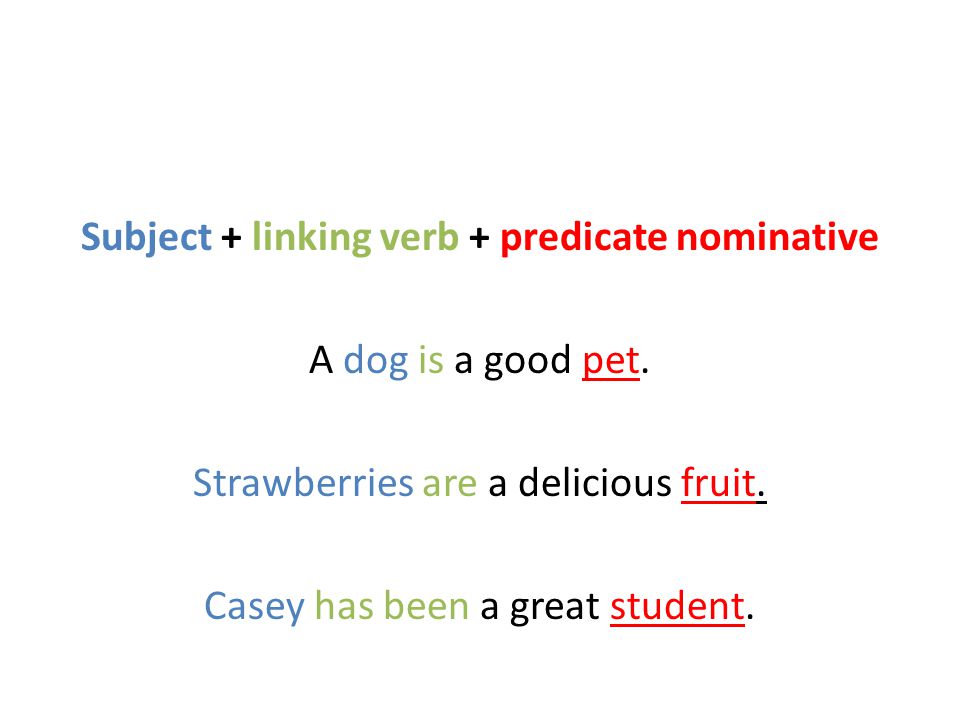 Subject + linking verb + predicate nominative A dog is a good pet.