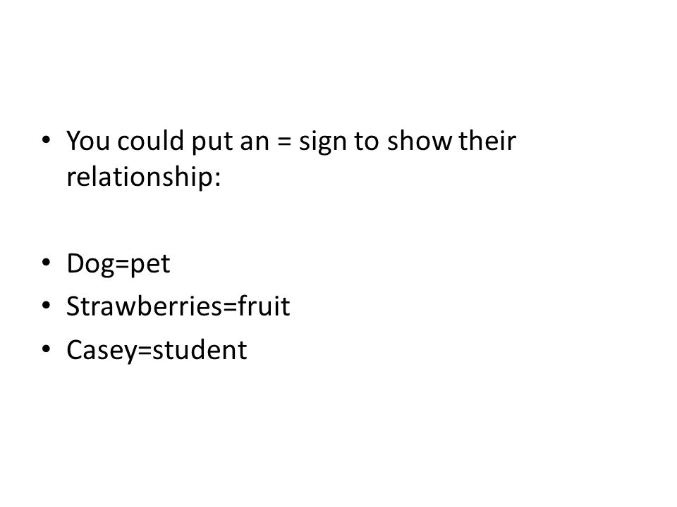 You could put an = sign to show their relationship: Dog=pet Strawberries=fruit Casey=student