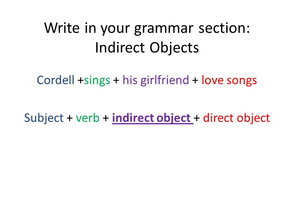 Write in your grammar section: Indirect Objects Cordell +sings + his girlfriend + love songs Subject + verb + indirect object + direct object