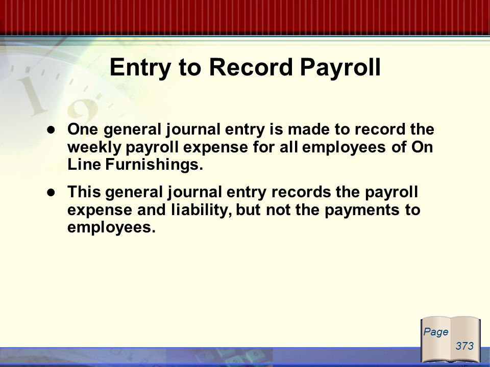Entry to Record Payroll One general journal entry is made to record the weekly payroll expense for all employees of On Line Furnishings.