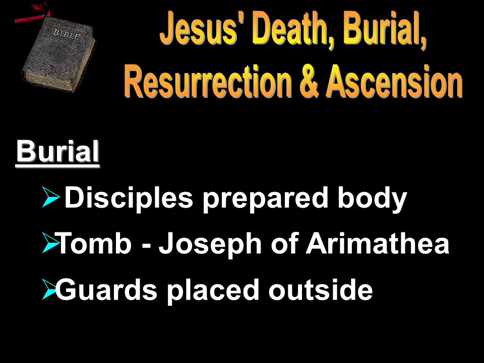 Burial  Disciples prepared body  Tomb - Joseph of Arimathea  Guards placed outside