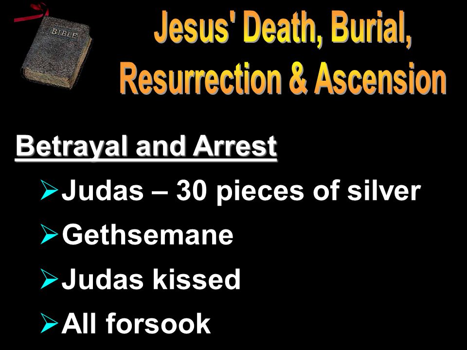 Betrayal and Arrest  Judas – 30 pieces of silver  Gethsemane  Judas kissed  All forsook