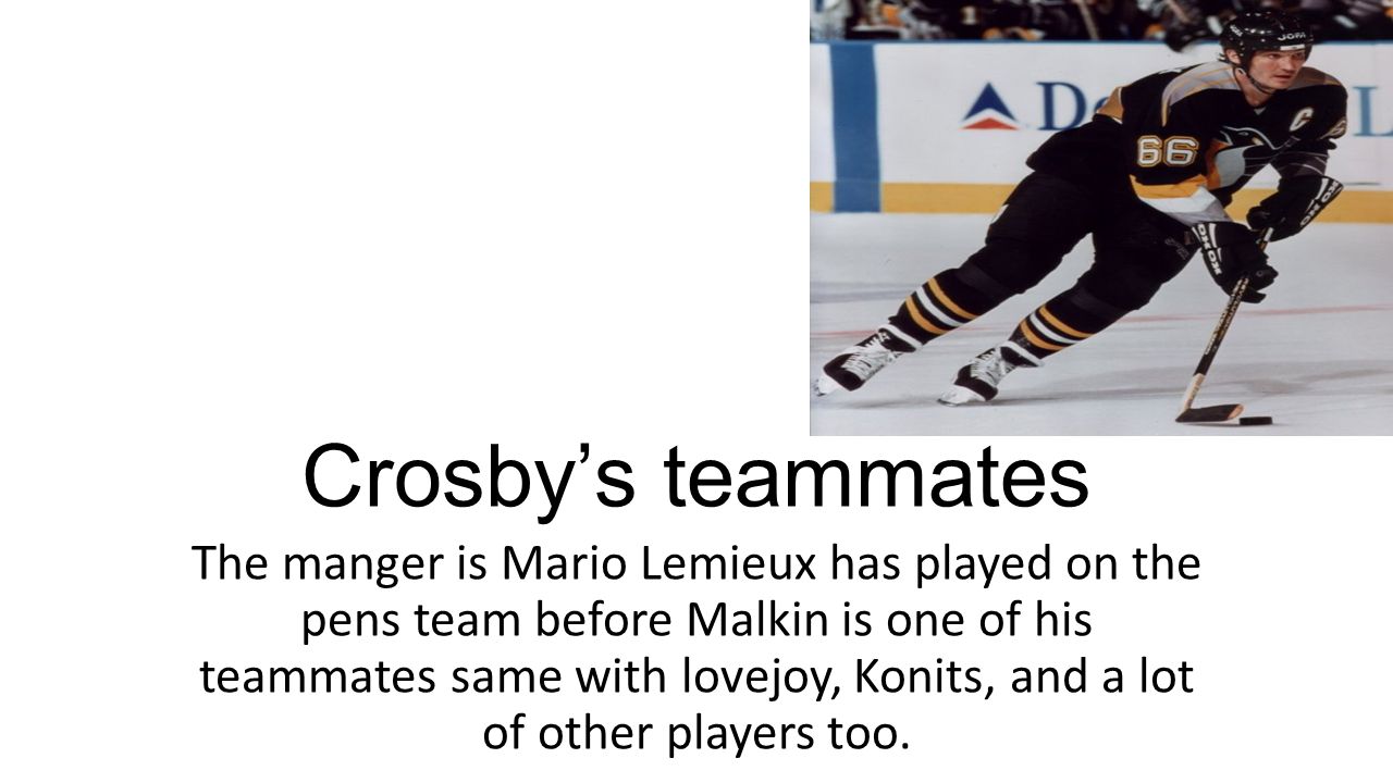 Crosby’s teammates The manger is Mario Lemieux has played on the pens team before Malkin is one of his teammates same with lovejoy, Konits, and a lot of other players too.