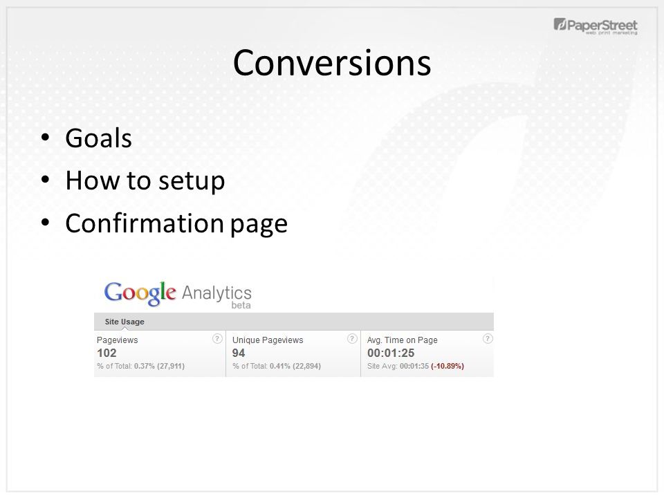 Conversions Goals How to setup Confirmation page