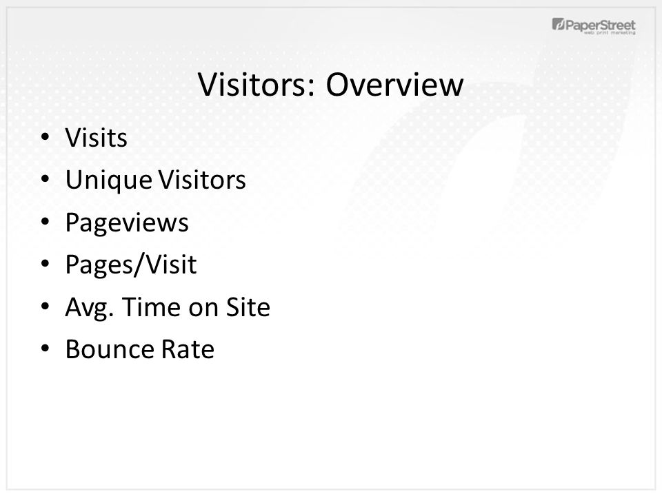 Visitors: Overview Visits Unique Visitors Pageviews Pages/Visit Avg. Time on Site Bounce Rate