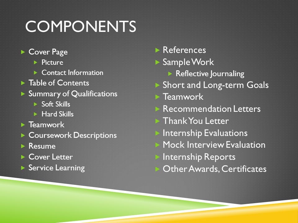 COMPONENTS  Cover Page  Picture  Contact Information  Table of Contents  Summary of Qualifications  Soft Skills  Hard Skills  Teamwork  Coursework Descriptions  Resume  Cover Letter  Service Learning  References  Sample Work  Reflective Journaling  Short and Long-term Goals  Teamwork  Recommendation Letters  Thank You Letter  Internship Evaluations  Mock Interview Evaluation  Internship Reports  Other Awards, Certificates