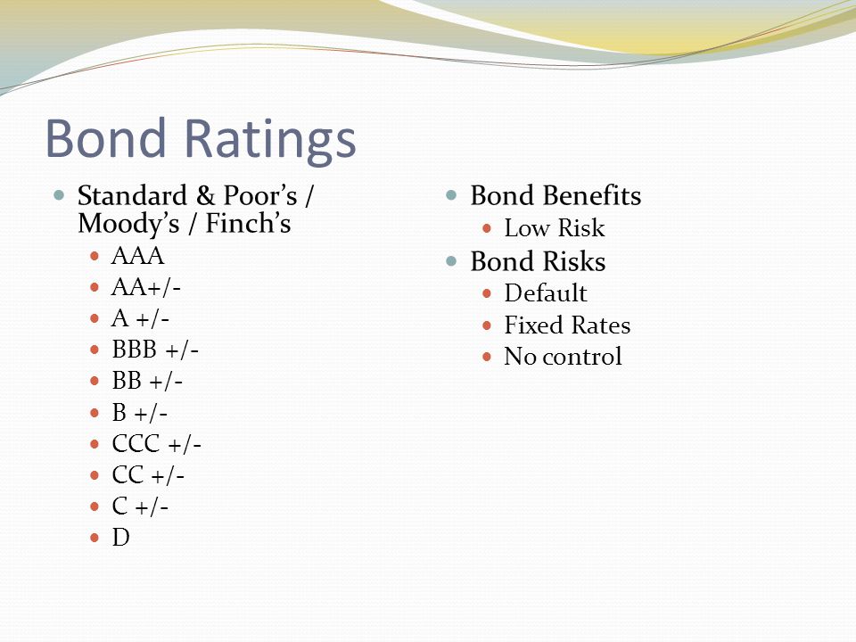 Bond Ratings Standard & Poor’s / Moody’s / Finch’s AAA AA+/- A +/- BBB +/- BB +/- B +/- CCC +/- CC +/- C +/- D Bond Benefits Low Risk Bond Risks Default Fixed Rates No control