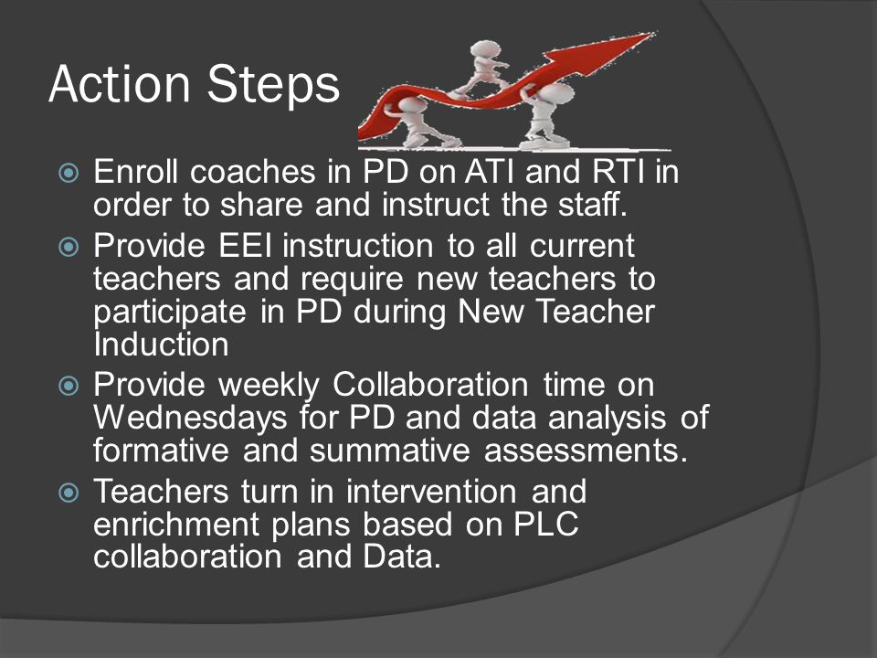 Action Steps  Enroll coaches in PD on ATI and RTI in order to share and instruct the staff.