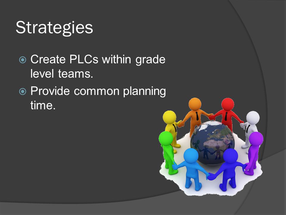 Strategies  Create PLCs within grade level teams.  Provide common planning time.