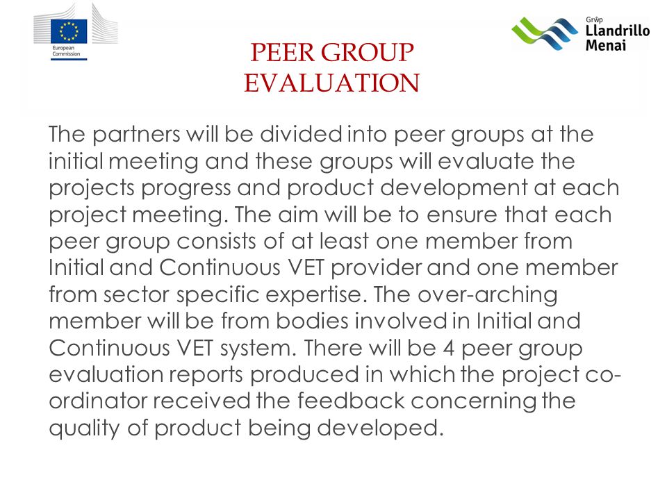 PEER GROUP EVALUATION The partners will be divided into peer groups at the initial meeting and these groups will evaluate the projects progress and product development at each project meeting.