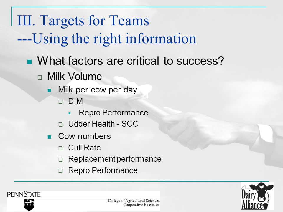 III. Targets for Teams ---Using the right information What factors are critical to success.