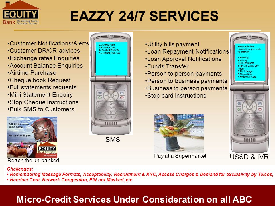 Equity Bank Alternate Delivery Channels By Dr James Mi Md And 7 Eazzy 24 Services Customer Notifications Alerts Dr Cr Advices Exchange Rates Enquiries Account Balance Airtime Purchase Cheque Book