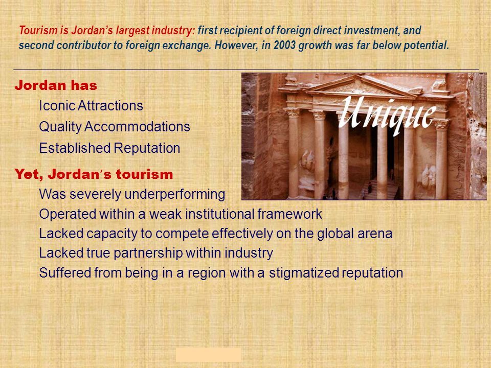Jordan has Iconic Attractions Quality Accommodations Established Reputation Yet, Jordan ’ s tourism Was severely underperforming Operated within a weak institutional framework Lacked capacity to compete effectively on the global arena Lacked true partnership within industry Suffered from being in a region with a stigmatized reputation Tourism is Jordan’s largest industry: first recipient of foreign direct investment, and second contributor to foreign exchange.