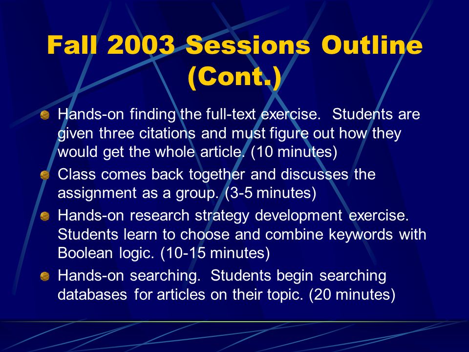 Fall 2003 Sessions Outline (Cont.) Hands-on finding the full-text exercise.