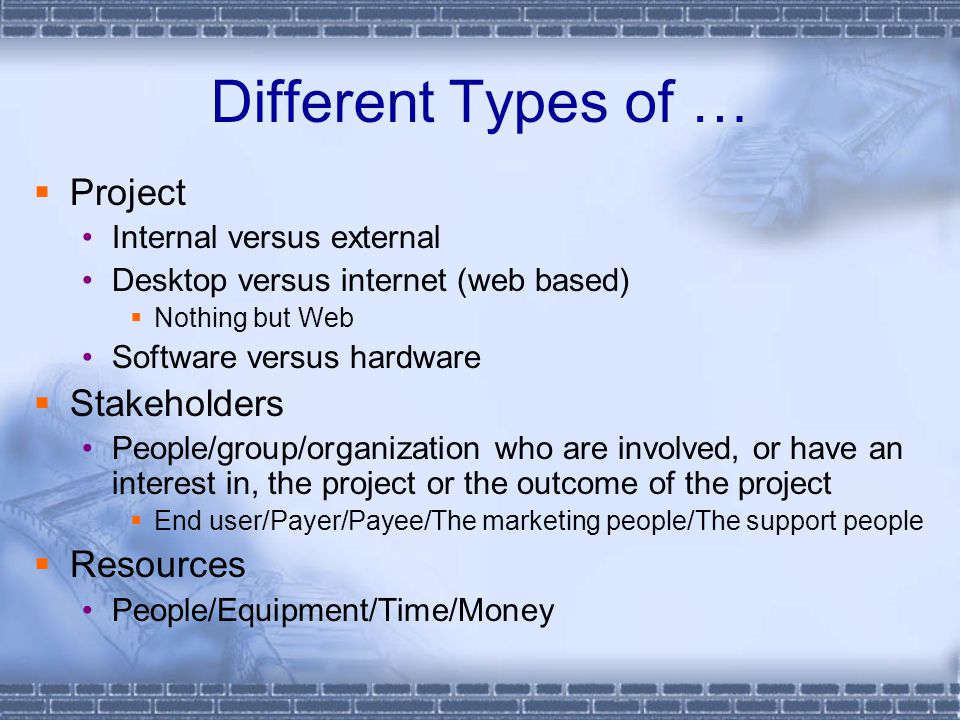 Different Types of …  Project Internal versus external Desktop versus internet (web based)  Nothing but Web Software versus hardware  Stakeholders People/group/organization who are involved, or have an interest in, the project or the outcome of the project  End user/Payer/Payee/The marketing people/The support people  Resources People/Equipment/Time/Money