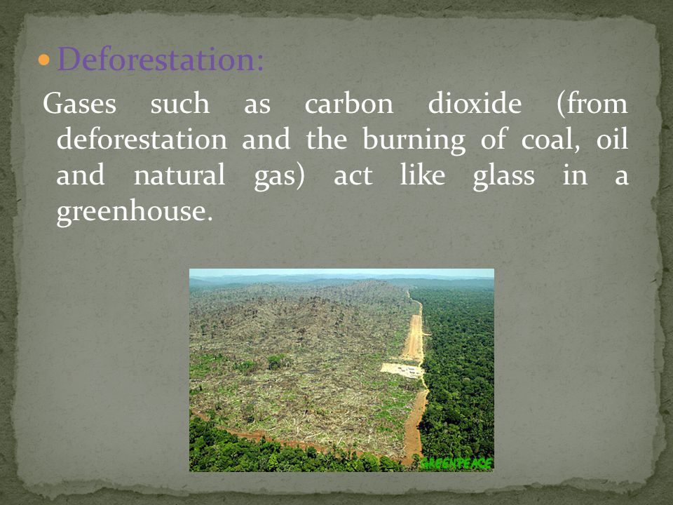Deforestation: Gases such as carbon dioxide (from deforestation and the burning of coal, oil and natural gas) act like glass in a greenhouse.