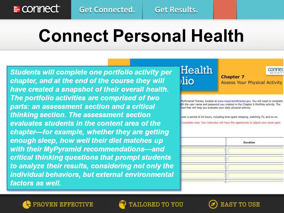 Connect Personal Health Students will complete one portfolio activity per chapter, and at the end of the course they will have created a snapshot of their overall health.
