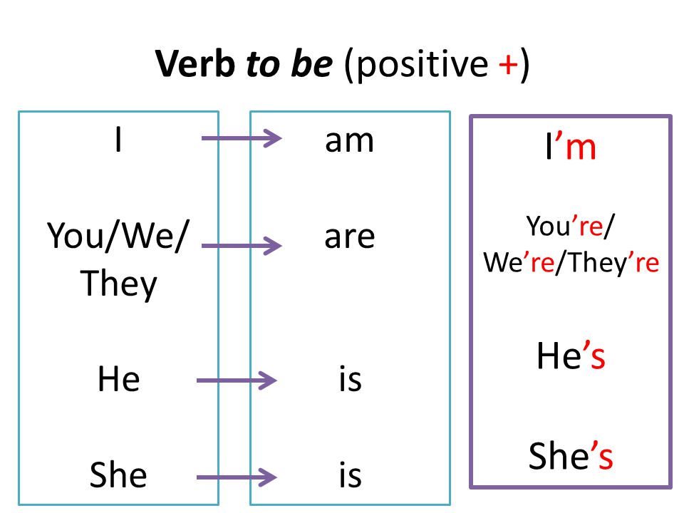 Verb to be (positive +) I You/We/ They He She am are is I’m You’re/ We’re/They’re He’s She’s