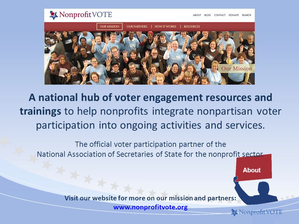 A national hub of voter engagement resources and trainings to help nonprofits integrate nonpartisan voter participation into ongoing activities and services.
