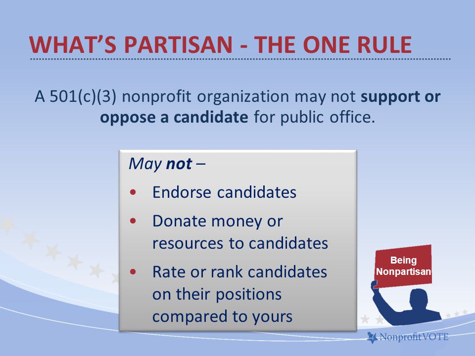 A 501(c)(3) nonprofit organization may not support or oppose a candidate for public office.