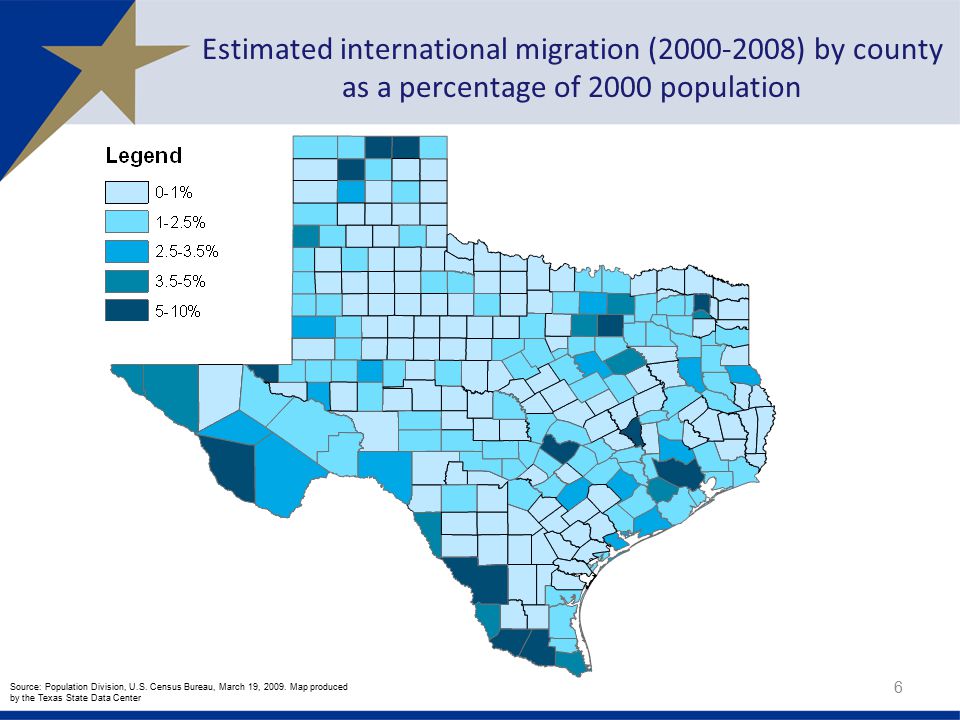 Estimated international migration ( ) by county as a percentage of 2000 population Source: Population Division, U.S.