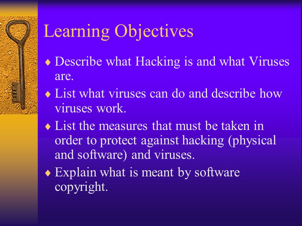 Learning Objectives  Describe what Hacking is and what Viruses are.