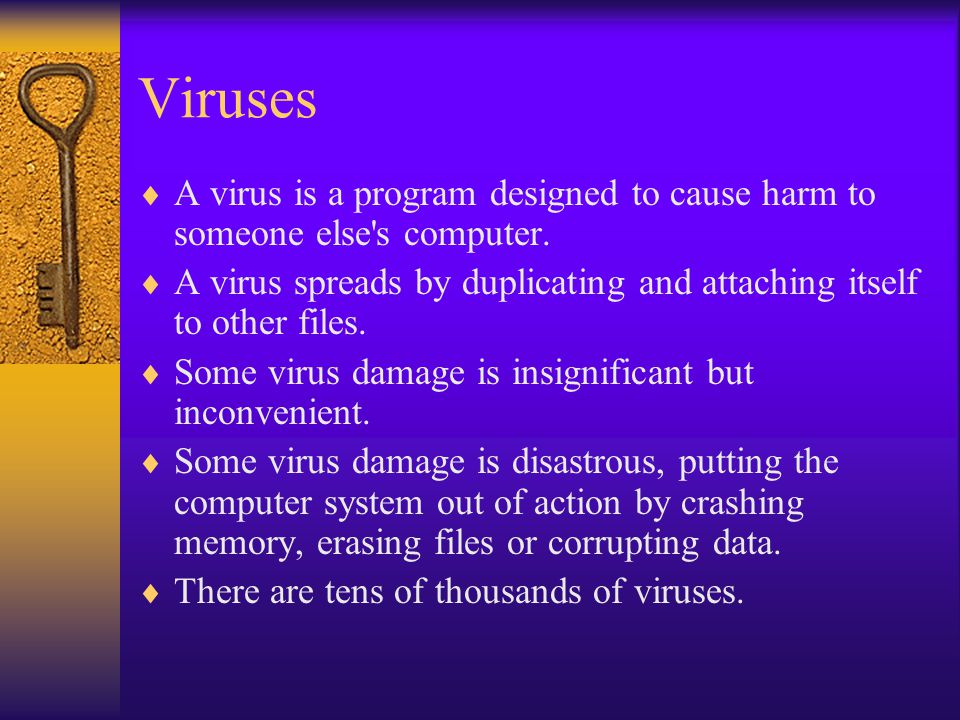 Viruses  A virus is a program designed to cause harm to someone else s computer.