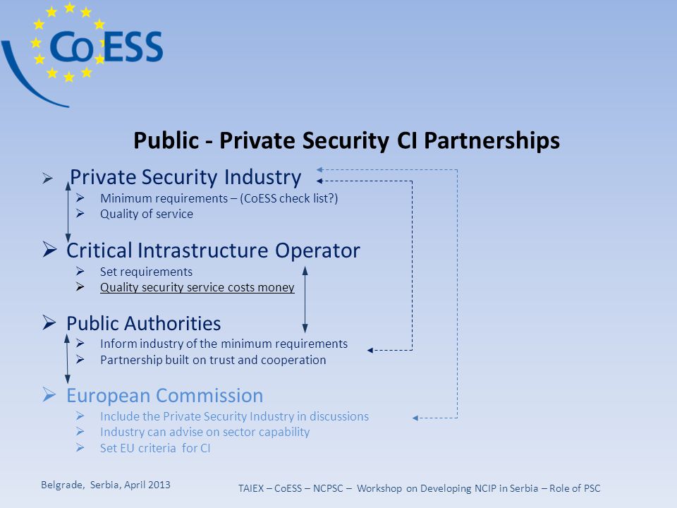 Public - Private Security CI Partnerships  Private Security Industry  Minimum requirements – (CoESS check list )  Quality of service  Critical Intrastructure Operator  Set requirements  Quality security service costs money  Public Authorities  Inform industry of the minimum requirements  Partnership built on trust and cooperation  European Commission  Include the Private Security Industry in discussions  Industry can advise on sector capability  Set EU criteria for CI Belgrade, Serbia, April 2013 TAIEX – CoESS – NCPSC – Workshop on Developing NCIP in Serbia – Role of PSC