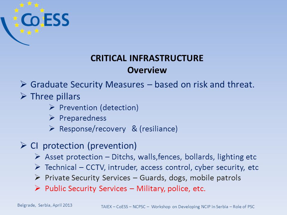 CRITICAL INFRASTRUCTURE Overview  Graduate Security Measures – based on risk and threat.