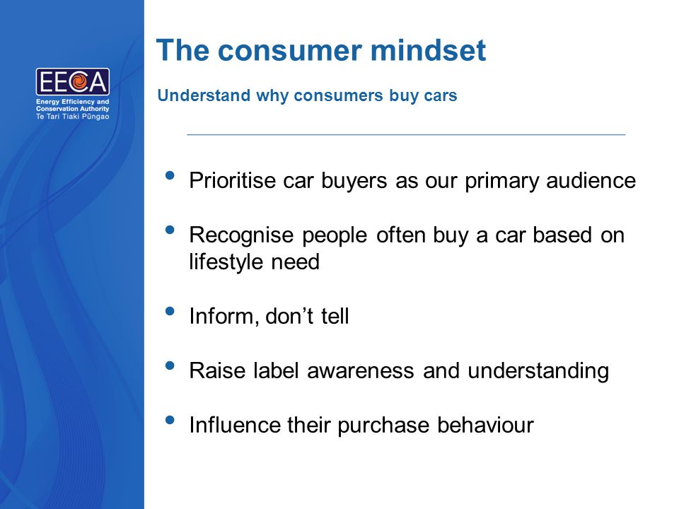 Prioritise car buyers as our primary audience Recognise people often buy a car based on lifestyle need Inform, don’t tell Raise label awareness and understanding Influence their purchase behaviour The consumer mindset Understand why consumers buy cars