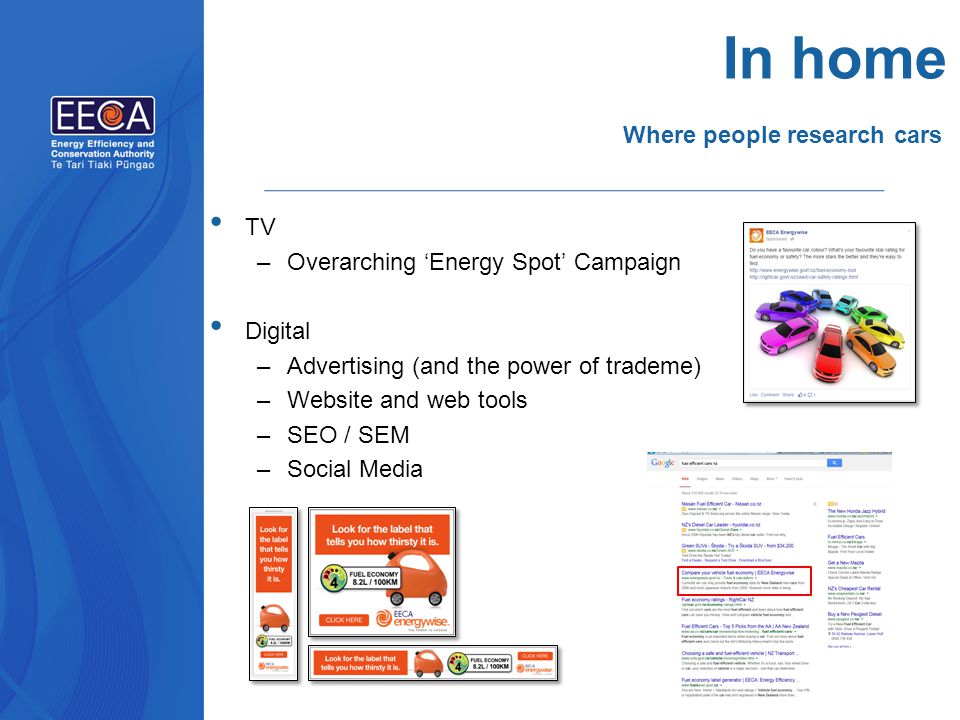 In home TV –Overarching ‘Energy Spot’ Campaign Digital –Advertising (and the power of trademe) –Website and web tools –SEO / SEM –Social Media Where people research cars