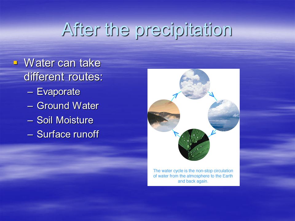 After the precipitation  Water can take different routes: –Evaporate –Ground Water –Soil Moisture –Surface runoff