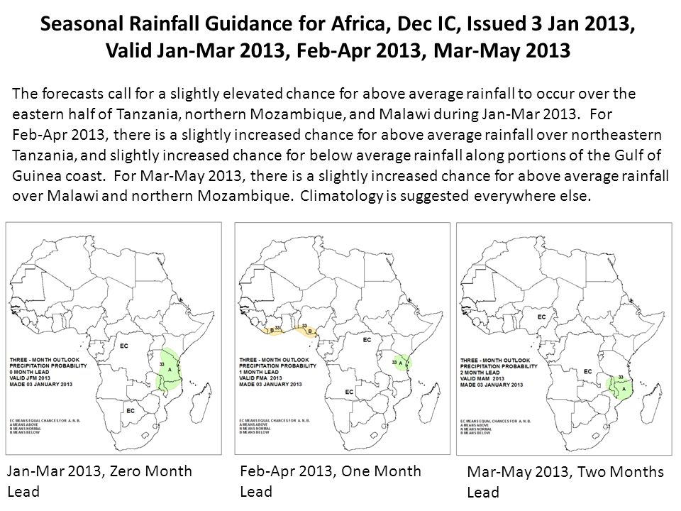 Jan-Mar 2013, Zero Month Lead Seasonal Rainfall Guidance for Africa, Dec IC, Issued 3 Jan 2013, Valid Jan-Mar 2013, Feb-Apr 2013, Mar-May 2013 Feb-Apr 2013, One Month Lead The forecasts call for a slightly elevated chance for above average rainfall to occur over the eastern half of Tanzania, northern Mozambique, and Malawi during Jan-Mar 2013.