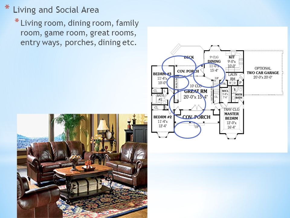 * Living and Social Area * Living room, dining room, family room, game room, great rooms, entry ways, porches, dining etc.