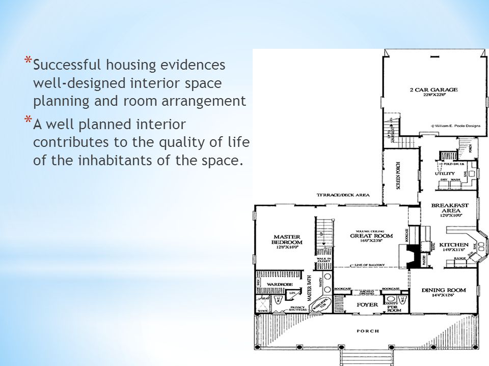 * Successful housing evidences well-designed interior space planning and room arrangement * A well planned interior contributes to the quality of life of the inhabitants of the space.