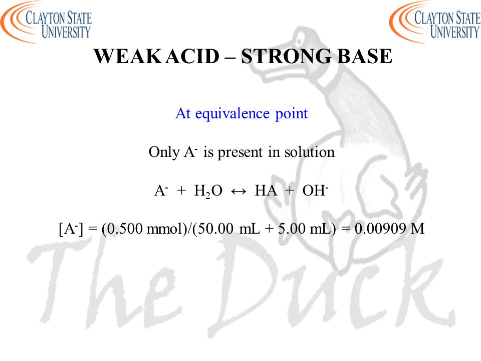 WEAK ACID – STRONG BASE At equivalence point Only A - is present in solution A - + H 2 O ↔ HA + OH - [A - ] = (0.500 mmol)/(50.00 mL mL) = M