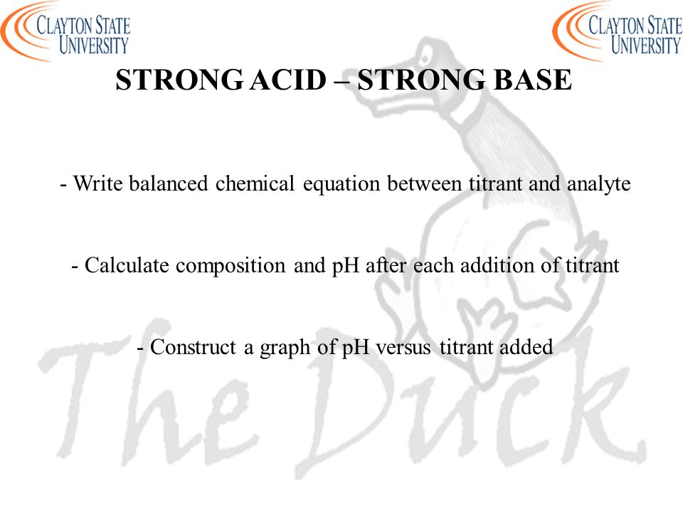 STRONG ACID – STRONG BASE - Write balanced chemical equation between titrant and analyte - Calculate composition and pH after each addition of titrant - Construct a graph of pH versus titrant added