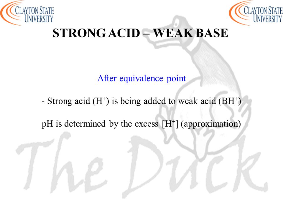 After equivalence point - Strong acid (H + ) is being added to weak acid (BH + ) pH is determined by the excess [H + ] (approximation) STRONG ACID – WEAK BASE