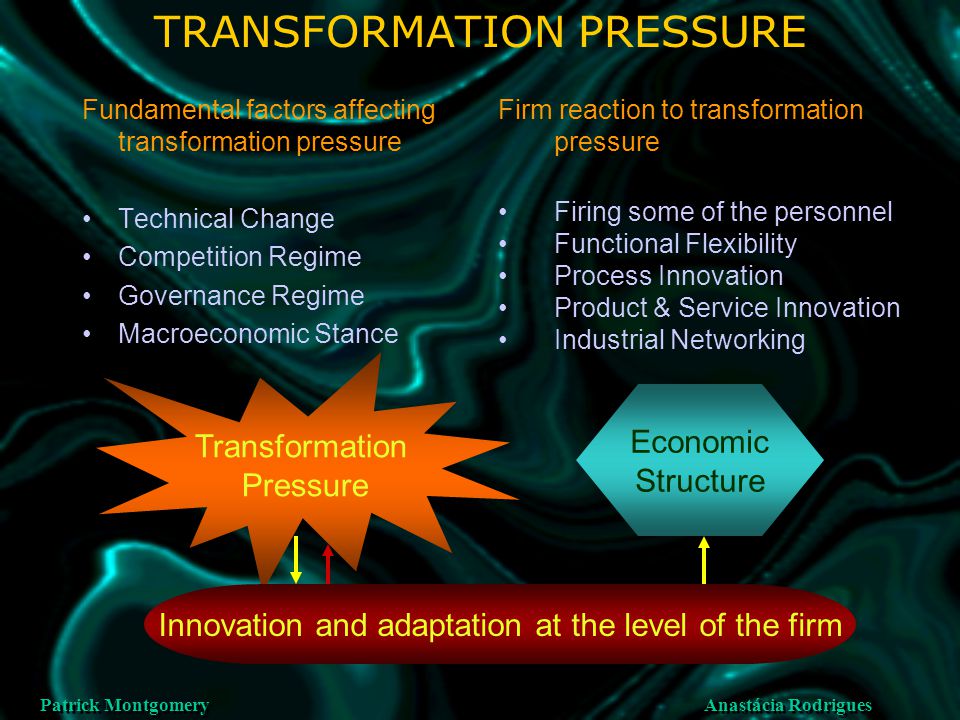 Anastácia Rodrigues Patrick Montgomery TRANSFORMATION PRESSURE Fundamental factors affecting transformation pressure Technical Change Competition Regime Governance Regime Macroeconomic Stance Firm reaction to transformation pressure Firing some of the personnel Functional Flexibility Process Innovation Product & Service Innovation Industrial Networking Transformation Pressure Innovation and adaptation at the level of the firm Economic Structure