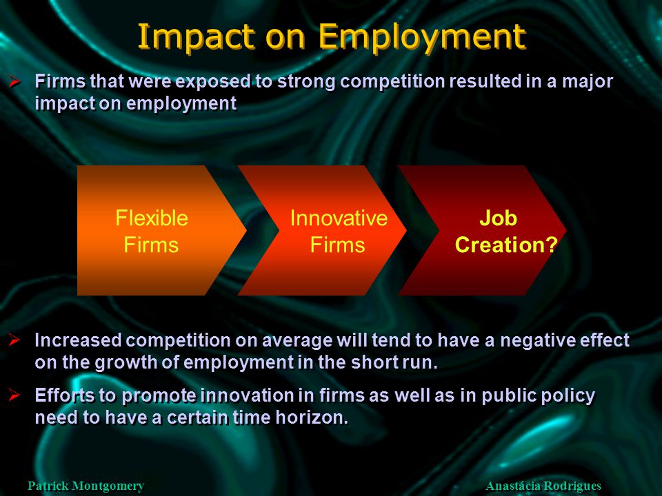 Anastácia Rodrigues Patrick Montgomery Impact on Employment Flexible Firms Innovative Firms  Firms that were exposed to strong competition resulted in a major impact on employment Job Creation.
