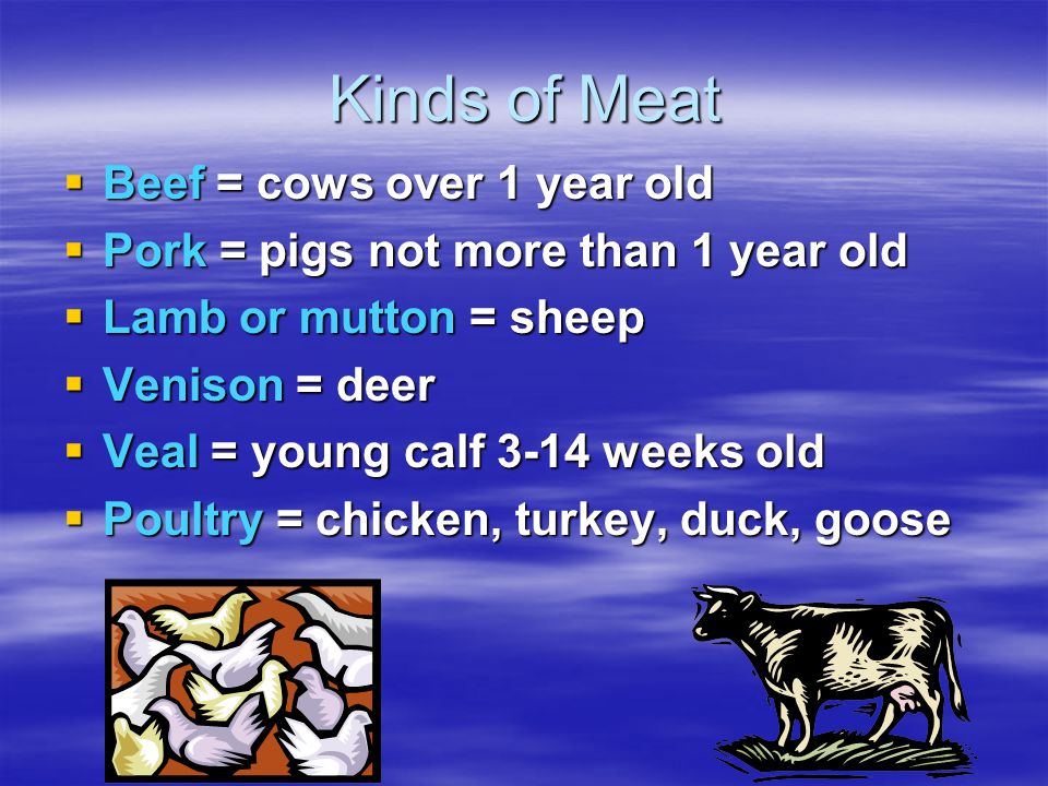 Kinds of Meat  Beef = cows over 1 year old  Pork = pigs not more than 1 year old  Lamb or mutton = sheep  Venison = deer  Veal = young calf 3-14 weeks old  Poultry = chicken, turkey, duck, goose