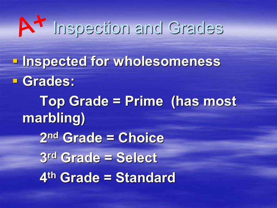 Inspection and Grades  Inspected for wholesomeness  Grades: Top Grade = Prime (has most marbling) 2 nd Grade = Choice 3 rd Grade = Select 4 th Grade = Standard A+