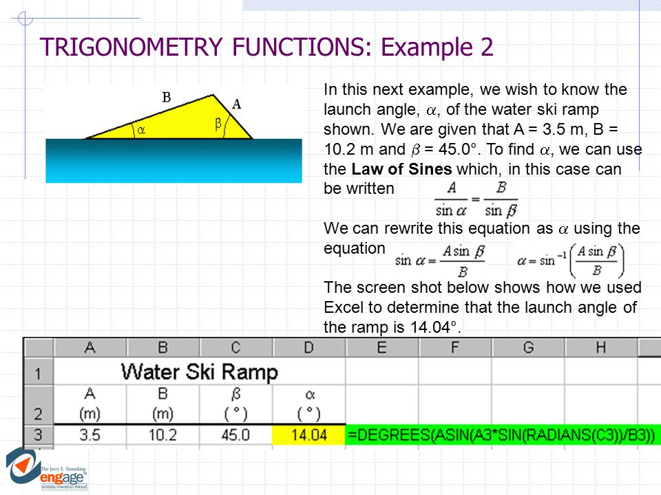 TRIGONOMETRY FUNCTIONS: Example 2 In this next example, we wish to know the launch angle, , of the water ski ramp shown.
